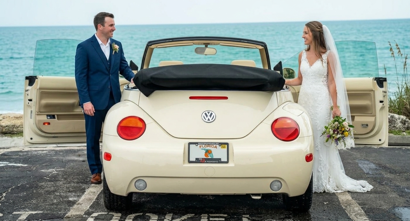 Volkswagen Bogár Cabrio hátulról, menyasszonnyal és vőlegénnyel